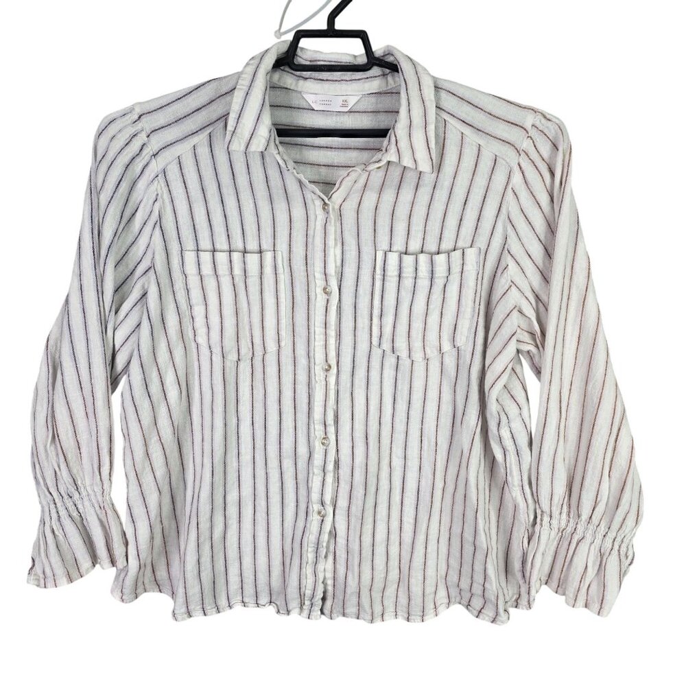 Womens Lauren Conrad White & Red Striped Button Up Blouse Linen Blend Size XXL